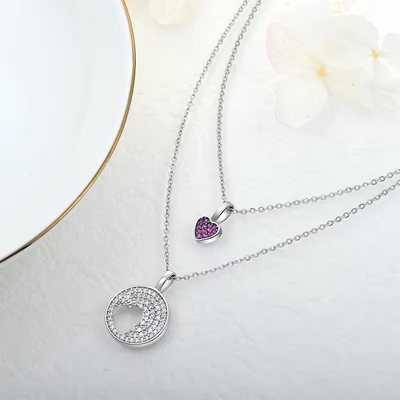 YASVITTI Sprzedaż hurtowa Rhodium Plated 925 Sterling Silver Zircon biżuteria na zamówienie romantyczny różowy serce Bling Charm naszyjnik