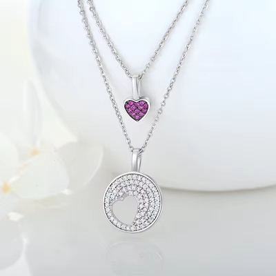 YASVITTI Sprzedaż hurtowa Rhodium Plated 925 Sterling Silver Zircon biżuteria na zamówienie romantyczny różowy serce Bling Charm naszyjnik