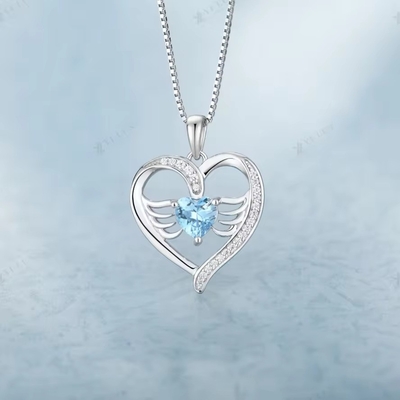 YASVITTI 925 Sterling Silver Heart Topaz &amp; Cubic Zirconia Angel Wing Pendant Naszyjnik Romantyczna biżuteria dla kobiet