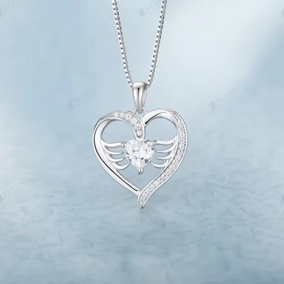 YASVITTI 925 Sterling Silver Heart Topaz &amp; Cubic Zirconia Angel Wing Pendant Naszyjnik Romantyczna biżuteria dla kobiet