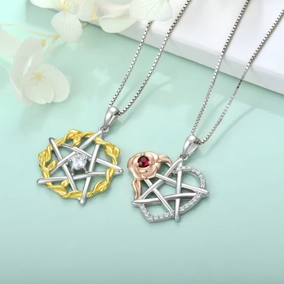 YASVITTI 925 Sterling Silver Pentagram Star Heart Pendant Naszyjnik Zestaw Zwierciadłowy Zirkonia i Złoto Różowe