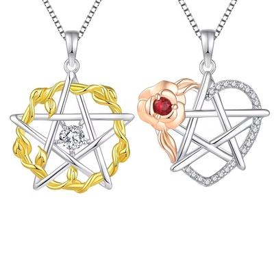YASVITTI 925 Sterling Silver Pentagram Star Heart Pendant Naszyjnik Zestaw Zwierciadłowy Zirkonia i Złoto Różowe