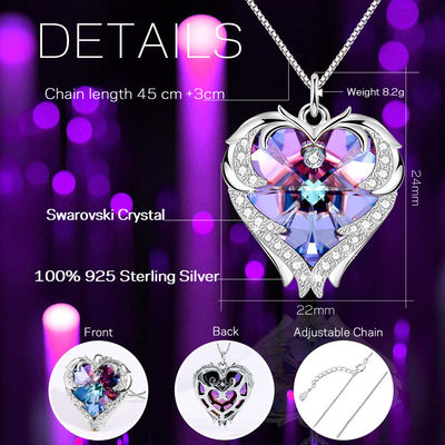 18in 0.29 uncji Srebrny naszyjnik z wisiorkiem w kształcie serca Modny różowy wisiorek z kryształowym sercem