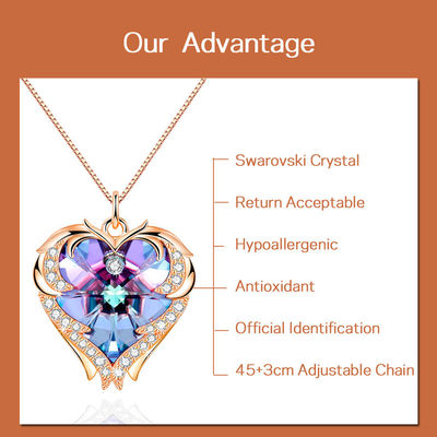 18 cali 8.2 Biżuteria srebrna Naszyjnik z dużym sercem Z kryształowym złotem Austrian crystal Kolorowy kryształowy modny naszyjnik