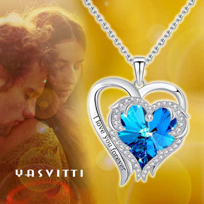0,79x0,98in Naszyjnik z podwójnym sercem i krzyżem Austrian crystal Blue Crystal 925 Srebro