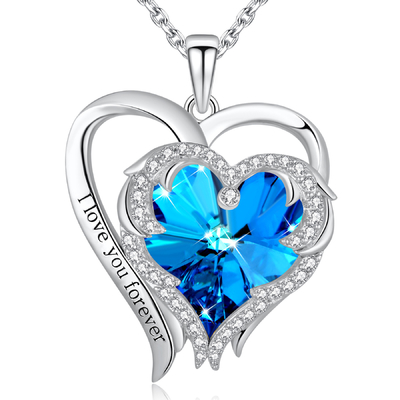 0,79x0,98in Naszyjnik z podwójnym sercem i krzyżem Austrian crystal Blue Crystal 925 Srebro